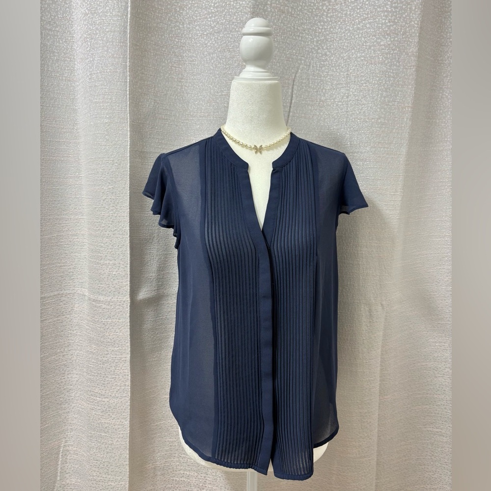 Forever 21 Women’s Navy Blue Sheer Pleated Pintuck Blouse with Flutter Sleeves